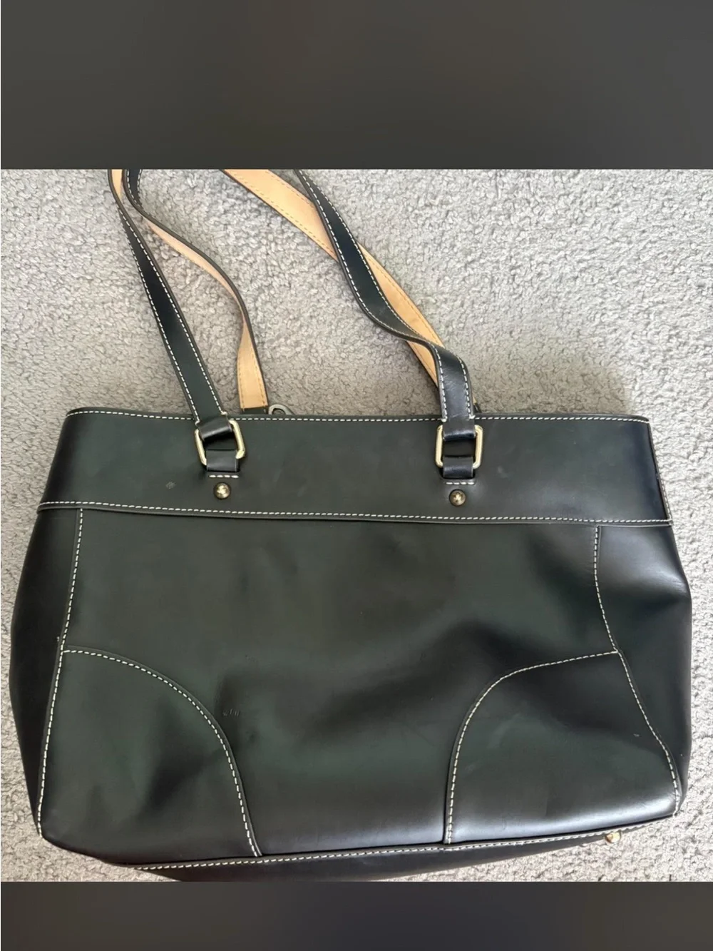 Dooney & Bourke Black Leather Tote with Contrast Tan Handles